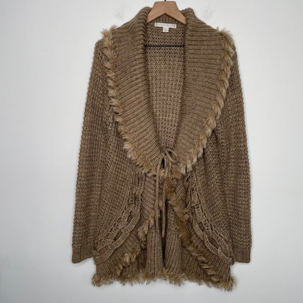 Boston Proper Size Large Crochet Fur Trim Sweater Wool Blend Cardigan